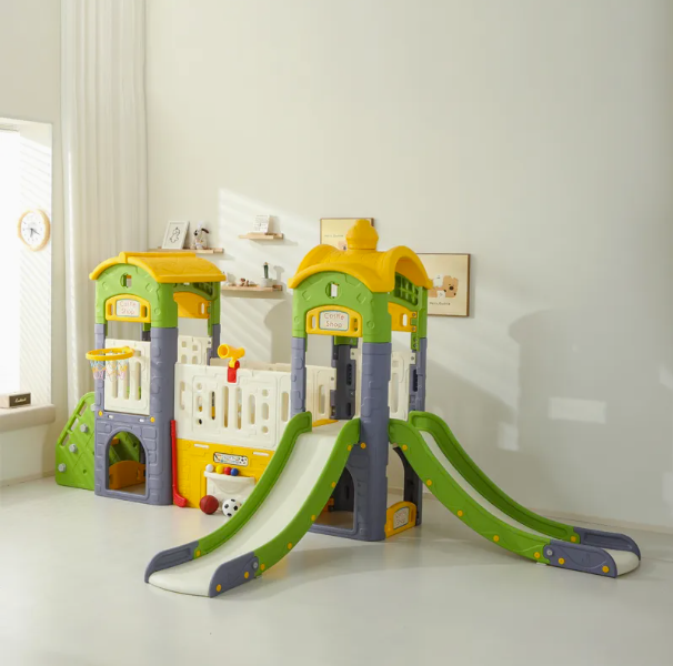 Kids Double Playhouse with Slides and Activity Center
