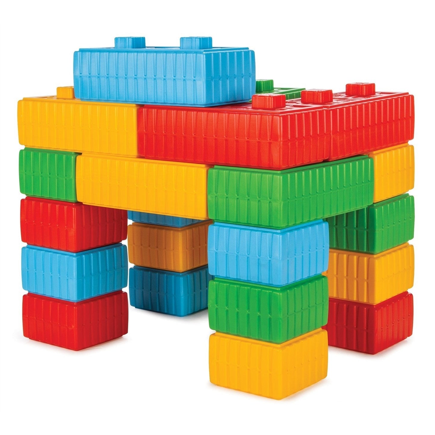 Colorful building blocks stacked on a white background