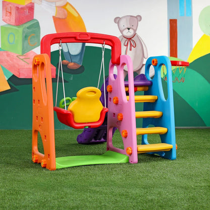 Colorful 3-in-1 Playground Slide and Swing & Basketball Set