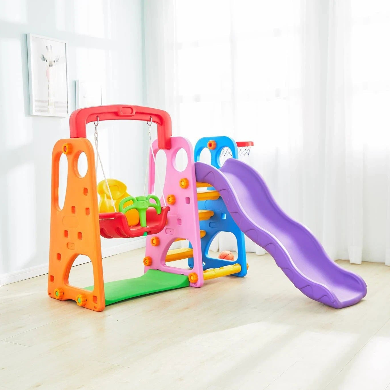 Colorful 3-in-1 Playground Slide and Swing & Basketball Set