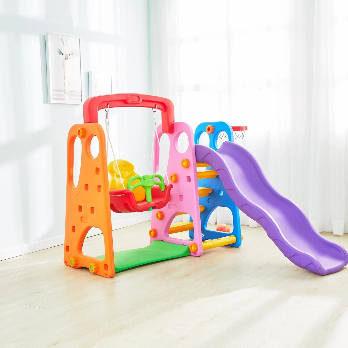 Colorful 3-in-1 Playground Slide and Swing & Basketball Set