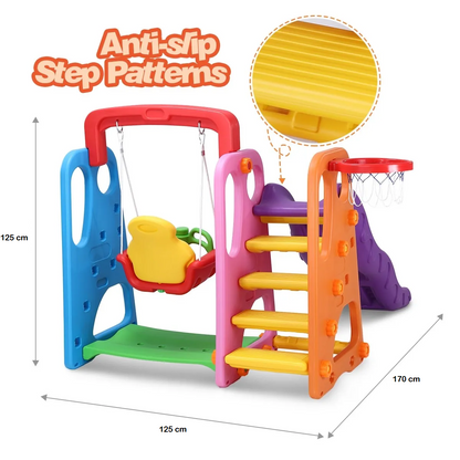 Colorful 3-in-1 Playground Slide and Swing & Basketball Set