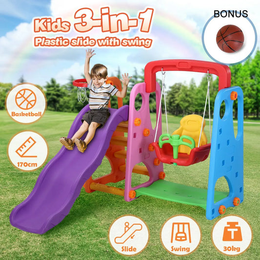 Colorful 3-in-1 Playground Slide and Swing & Basketball Set