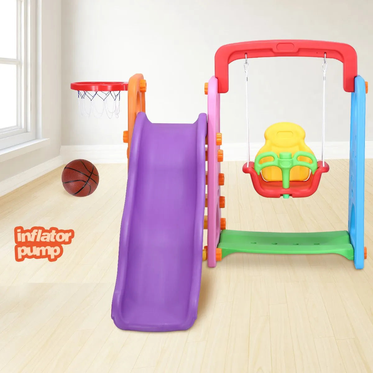 Colorful 3-in-1 Playground Slide and Swing & Basketball Set