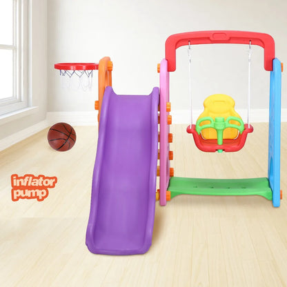 Colorful 3-in-1 Playground Slide and Swing & Basketball Set