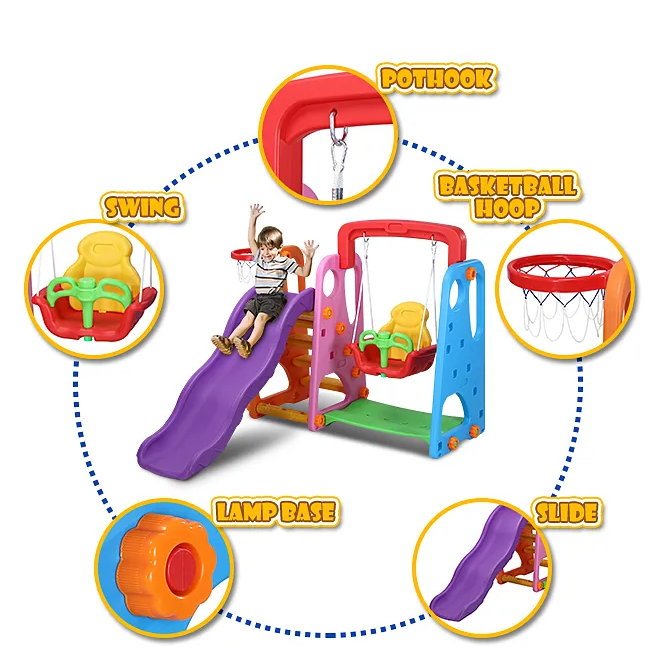 Colorful 3-in-1 Playground Slide and Swing & Basketball Set