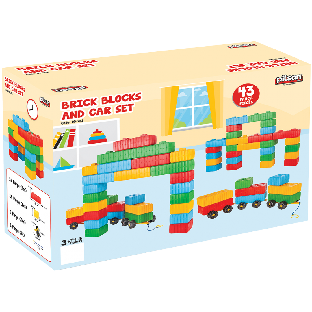 Box of Pilsan brick blocks and car set with colorful building blocks and cars on a white background