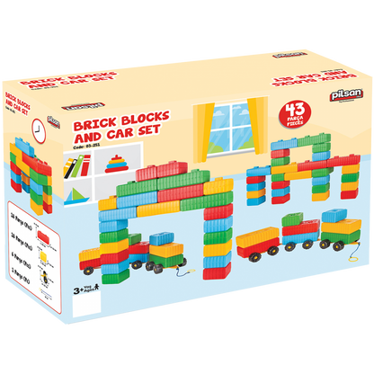 Box of Pilsan brick blocks and car set with colorful building blocks and cars on a white background