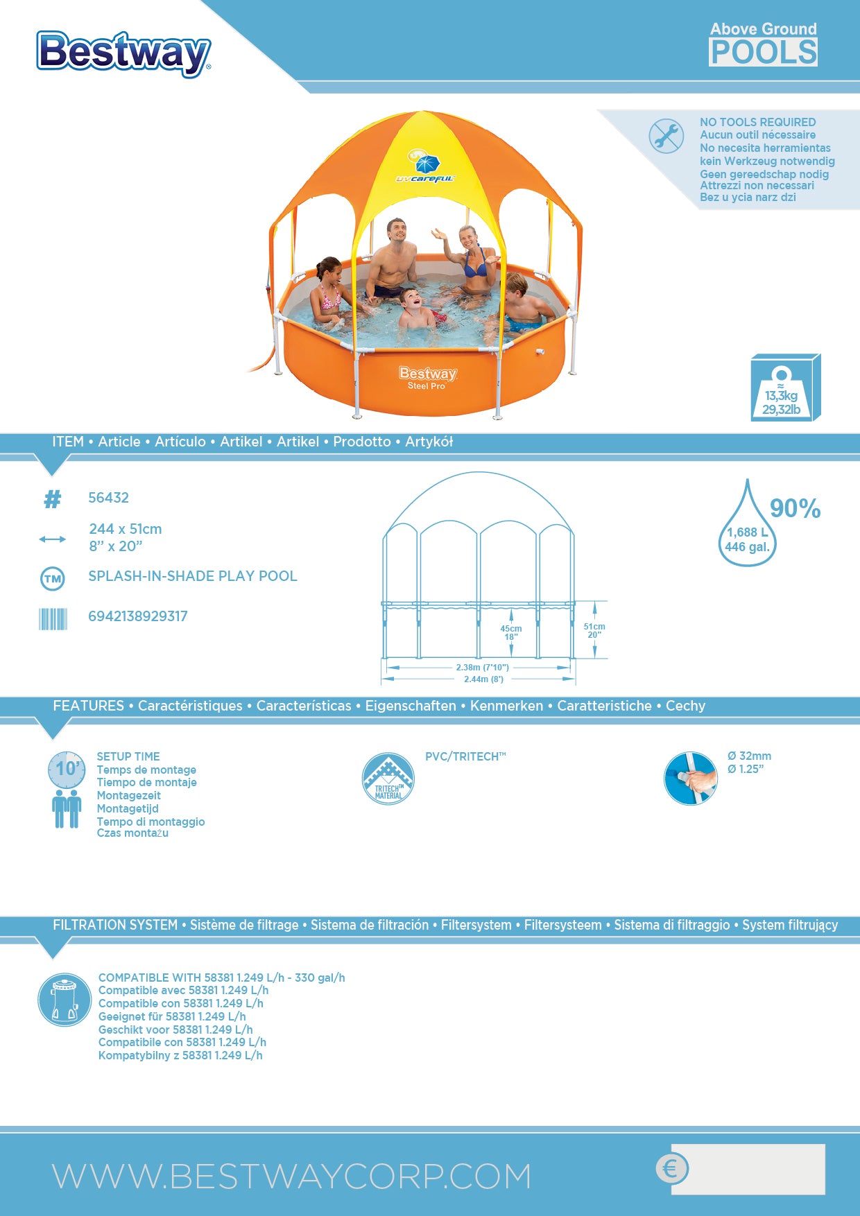 Steel Pro 1,688 Liters Splash in Shade Play Pool 2.44m x 51cm