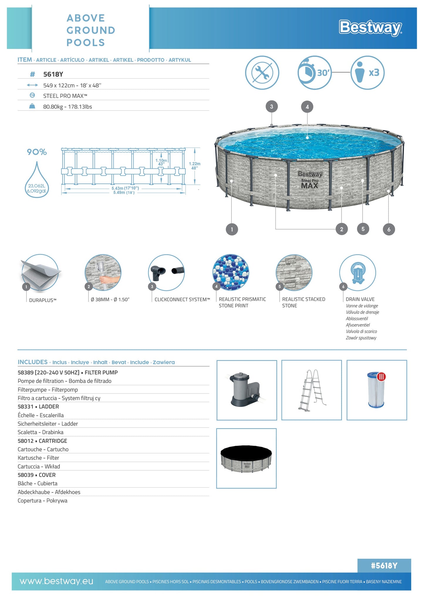 Steel Pro MAX® 12,232 Liters Round Pool Set 5.49m x 1.22m
