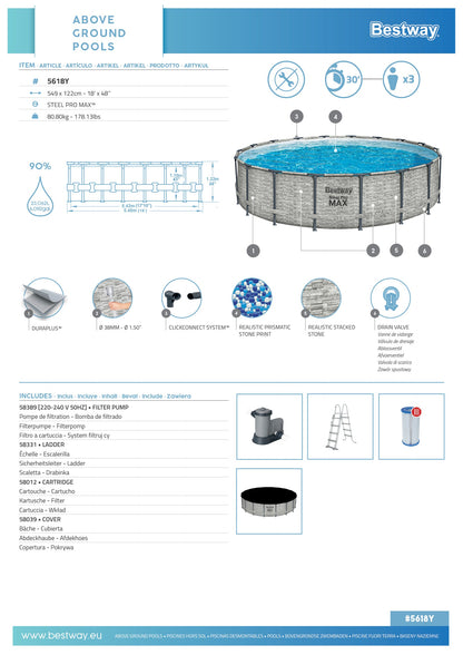 Steel Pro MAX® 12,232 Liters Round Pool Set 5.49m x 1.22m