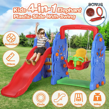 Elephant 4-in-1 Kids Slide and Swing Playset