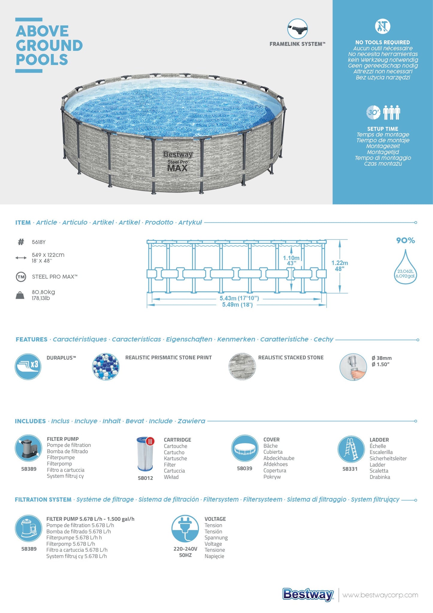 Steel Pro MAX® 12,232 Liters Round Pool Set 5.49m x 1.22m