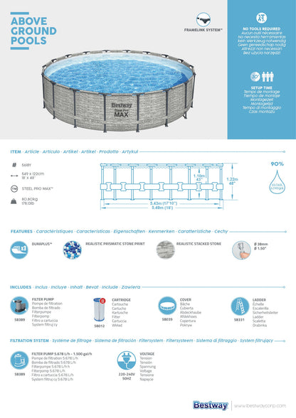 Steel Pro MAX® 12,232 Liters Round Pool Set 5.49m x 1.22m