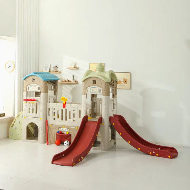 Kids Double Playhouse with Slides and Activity Center